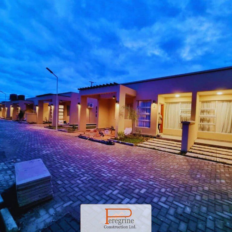 Newly completed Peregrine residential housing development in Zambia at dusk